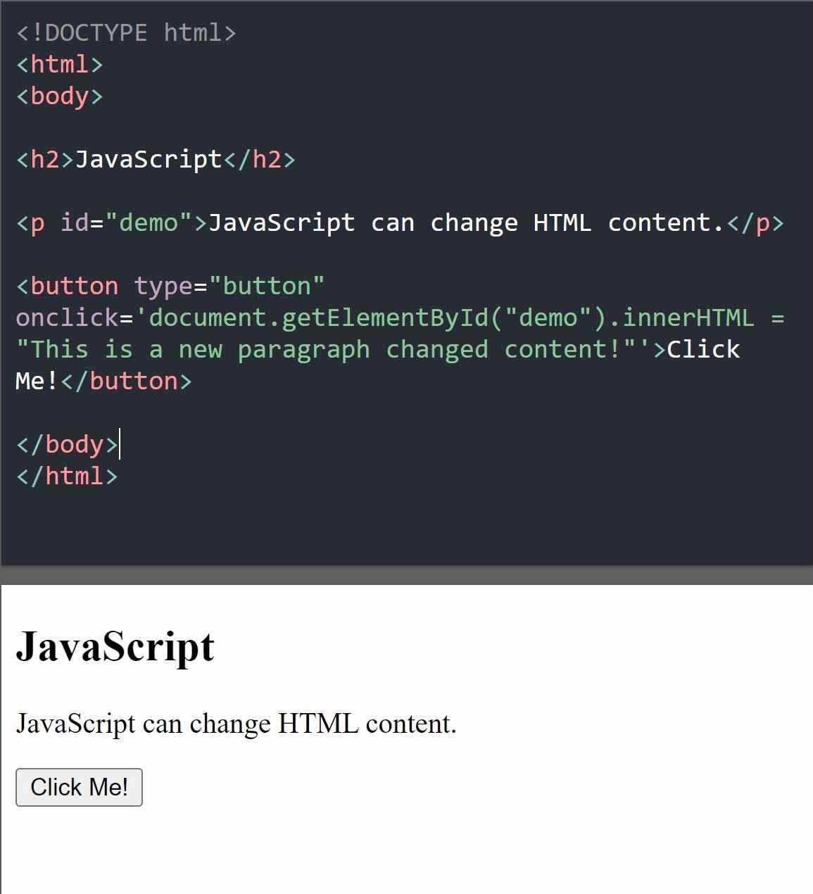 HTML code showing results with text before the button is clicked.
